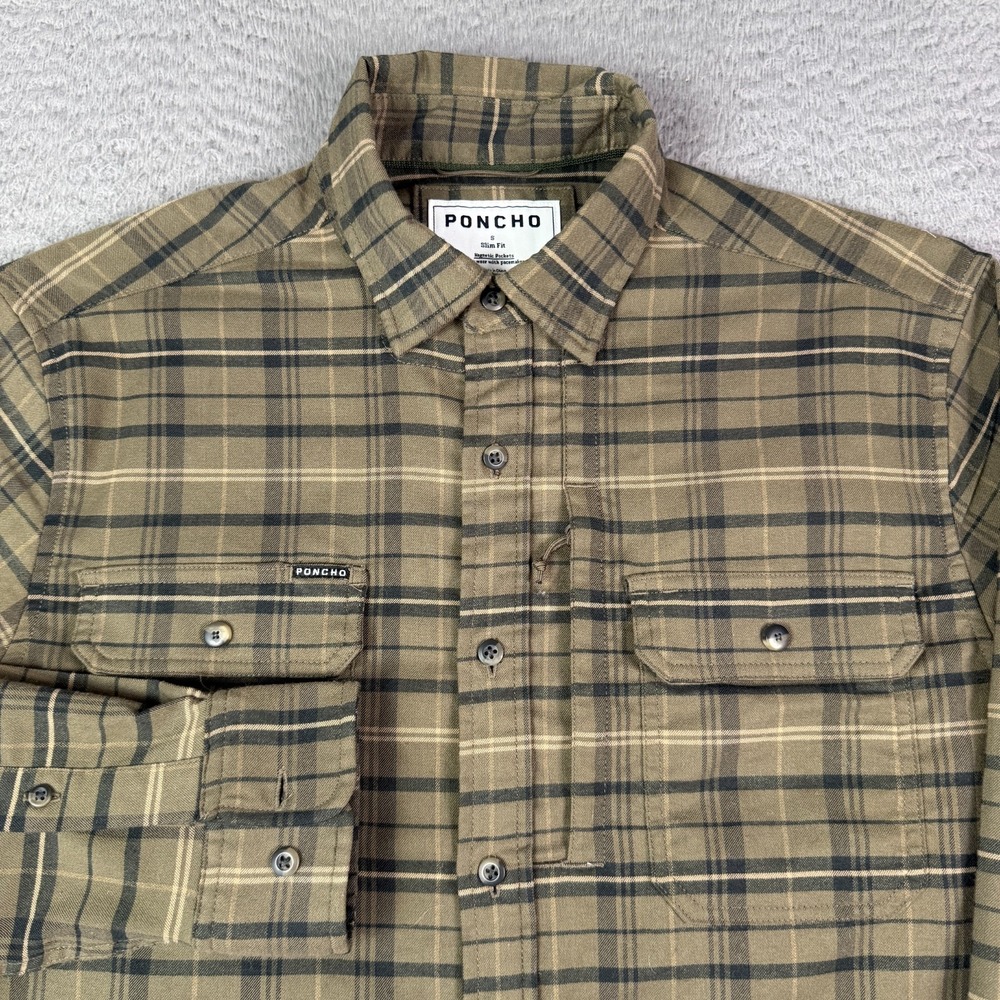 Poncho Midweight Performance Flannel Shirt Mens S Khaki Green Plaid Slim Fit